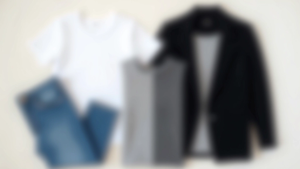 Gardiropun temel parçaları, beyaz tişört, mavi jeans, gri kazak ve siyah blazer profesyonelce düzenlenmiş