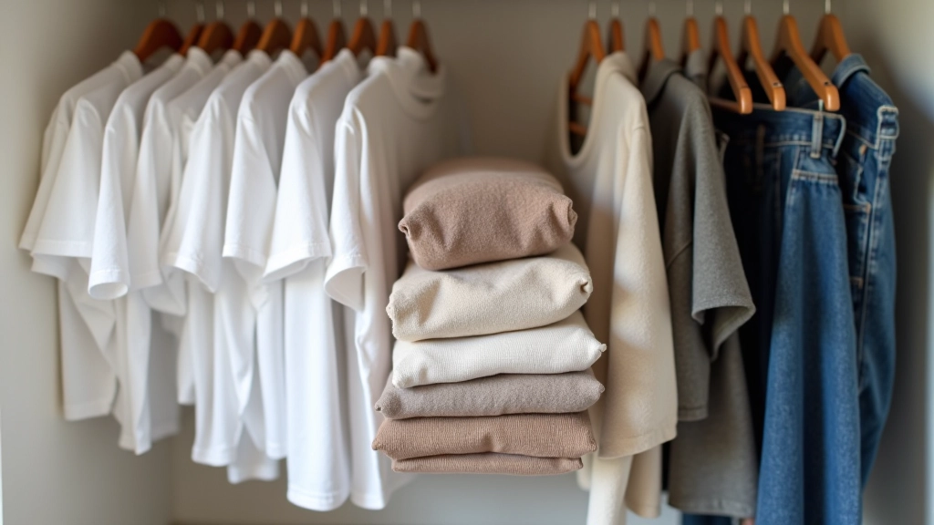 Düzenli ve minimal bir gardırop, temel parçalar, beyaz tişört, gri kazak, mavi denim